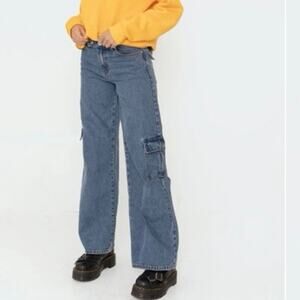 Edikted Size Medium Blue Low Rise Cargo Jeans Wide Leg Flap Pockets